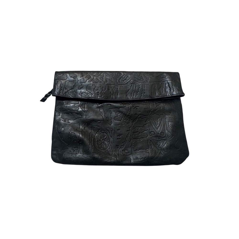 Vintage Florenzo Black Bag Embossed Leather Foldover Clutch Whimsigoth Witchy